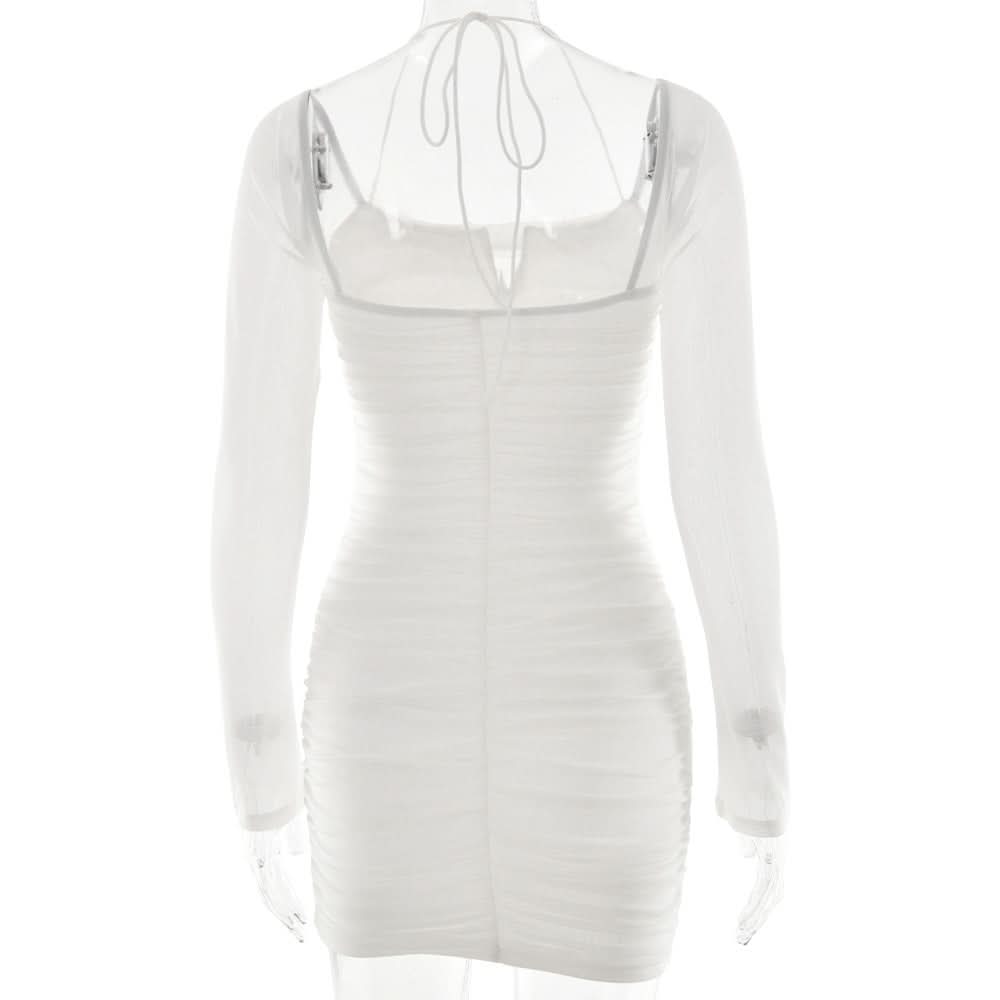 Chic White Mesh Long Sleeve Ruched Halter Mini Dress – Your Go-To for Fall Nights & Holiday Parties