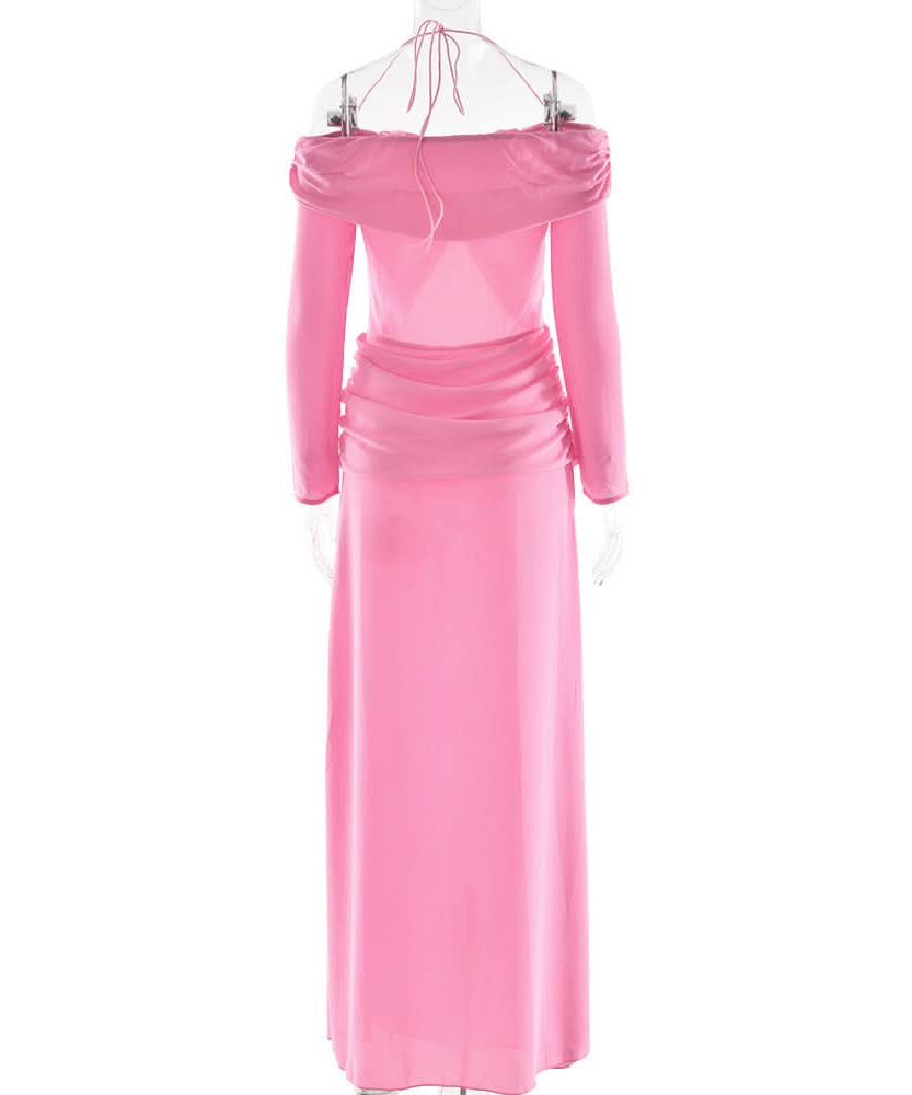 Vibrant Pink Halter Off-Shoulder Cut-Out Maxi Dress - Chic Fall Wedding Guest & Holiday Party Gown