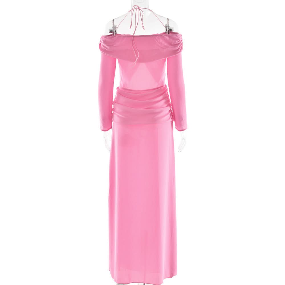 Vibrant Pink Halter Off-Shoulder Cut-Out Maxi Dress - Chic Fall Wedding Guest & Holiday Party Gown