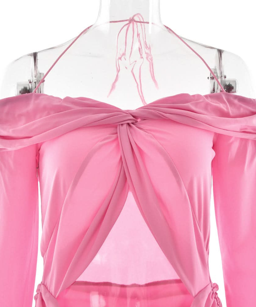 Vibrant Pink Halter Off-Shoulder Cut-Out Maxi Dress - Chic Fall Wedding Guest & Holiday Party Gown