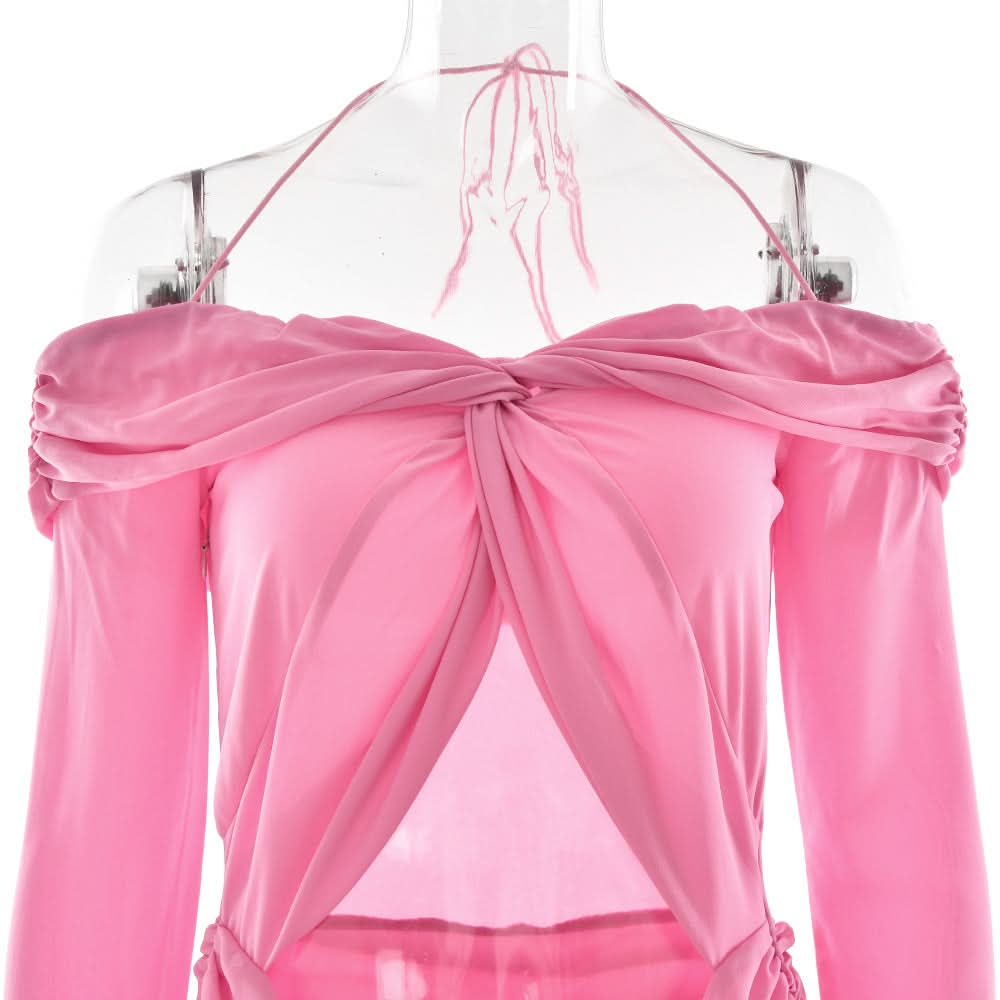 Vibrant Pink Halter Off-Shoulder Cut-Out Maxi Dress - Chic Fall Wedding Guest & Holiday Party Gown