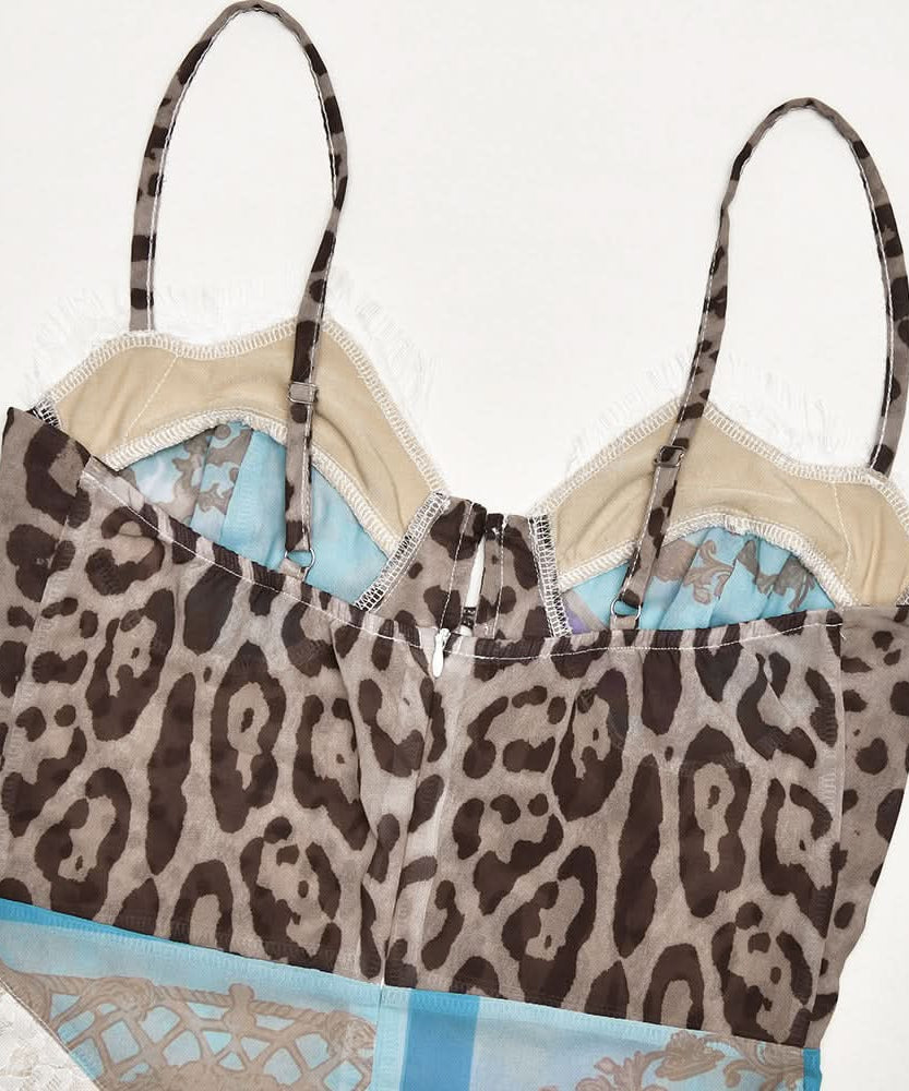 Autumn Enchantress: Leopard & Floral Lace Bustier Maxi Dress with High Slit