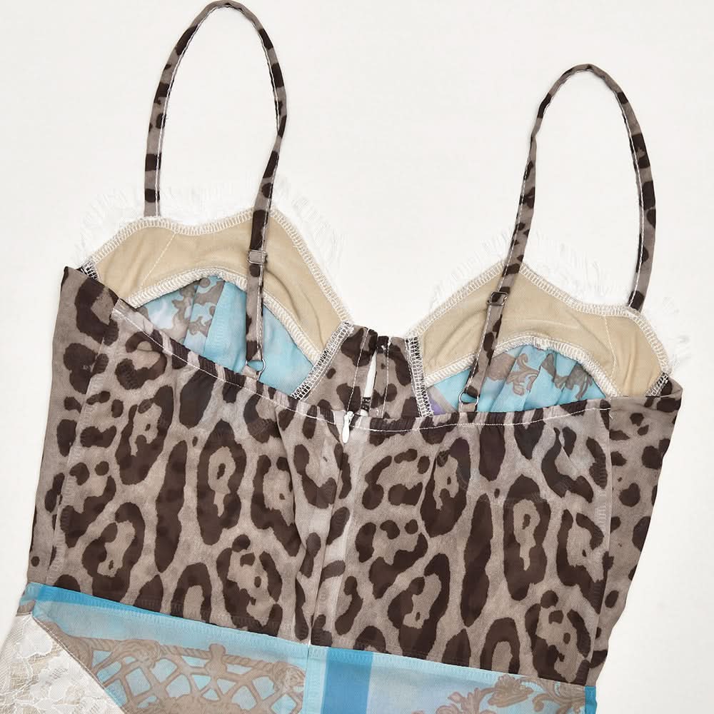 Autumn Enchantress: Leopard & Floral Lace Bustier Maxi Dress with High Slit