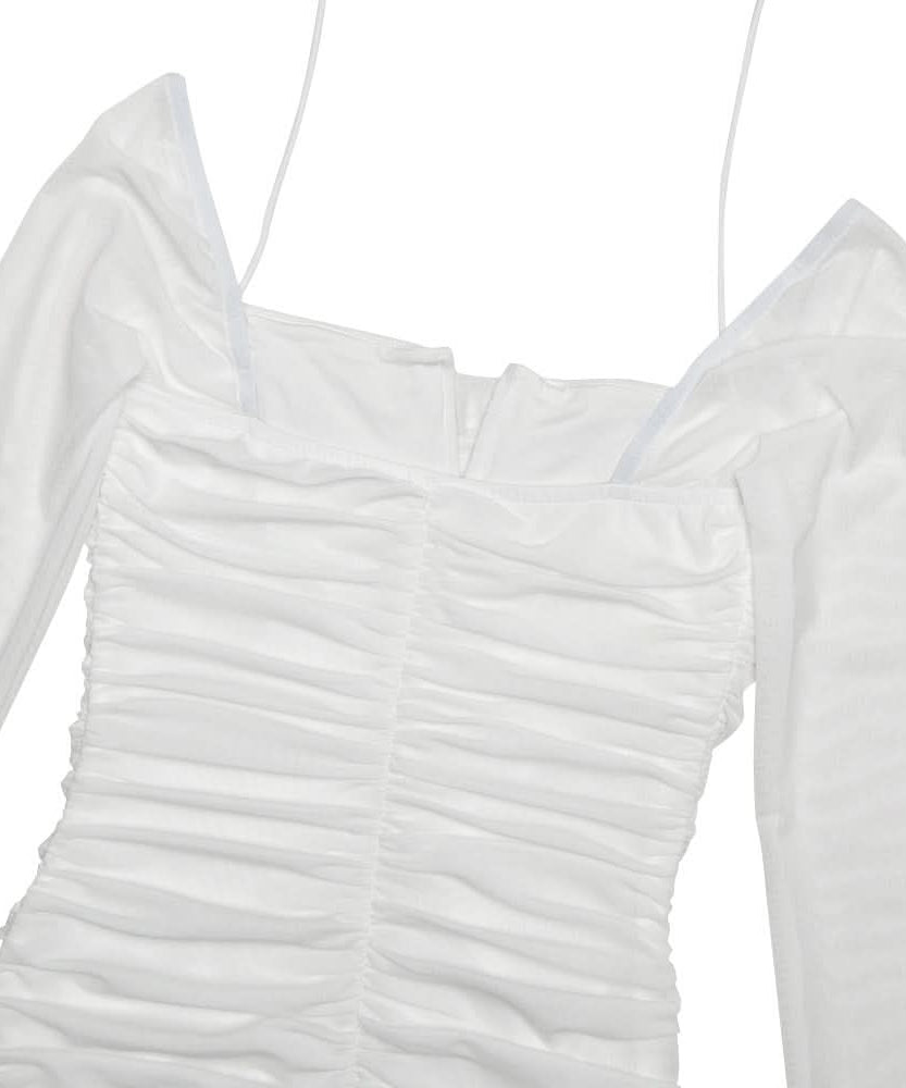 Chic White Mesh Long Sleeve Ruched Halter Mini Dress – Your Go-To for Fall Nights & Holiday Parties