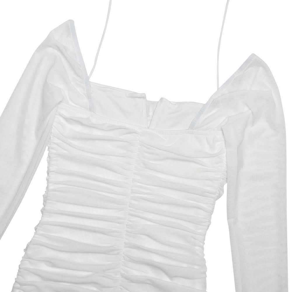 Chic White Mesh Long Sleeve Ruched Halter Mini Dress – Your Go-To for Fall Nights & Holiday Parties