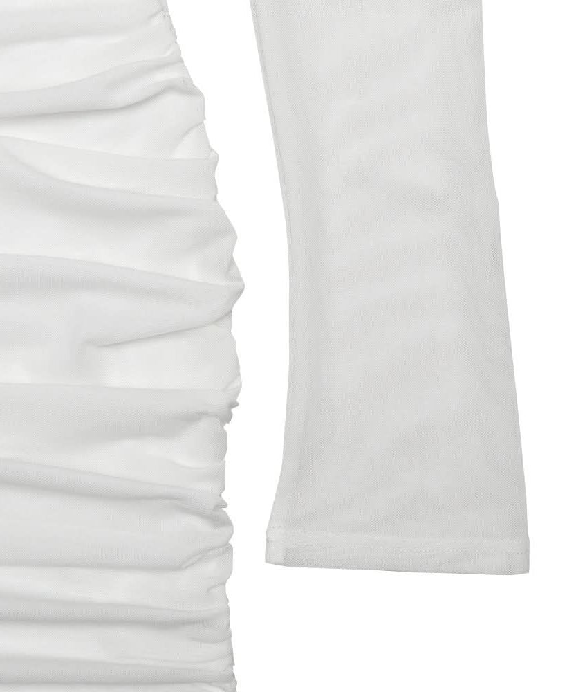 Chic White Mesh Long Sleeve Ruched Halter Mini Dress – Your Go-To for Fall Nights & Holiday Parties