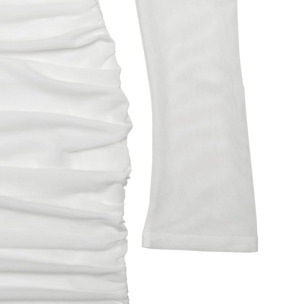 Chic White Mesh Long Sleeve Ruched Halter Mini Dress – Your Go-To for Fall Nights & Holiday Parties