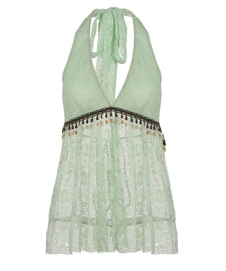 Mint Green Boho Lace Halter Top | Beaded V-Neck for Resort & Vacation Style