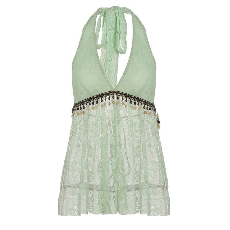 Mint Green Boho Lace Halter Top | Beaded V-Neck for Resort & Vacation Style