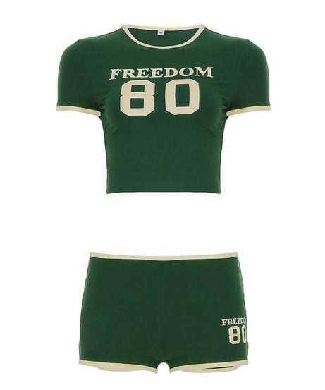 Fall Game Day Chic: Women's Retro Freedom 80 Green Crop Top & Shorts Loungewear Set