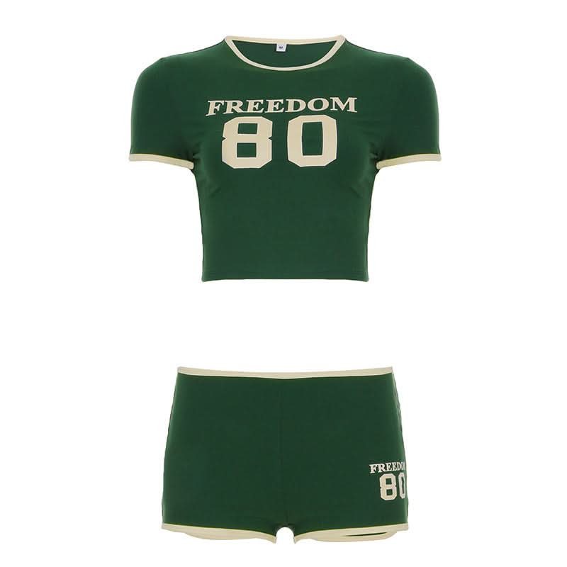 Fall Game Day Chic: Women's Retro Freedom 80 Green Crop Top & Shorts Loungewear Set