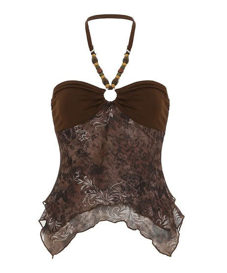 Boho Chic Beaded Halter Mesh Top | Y2K Paisley Print for Fall