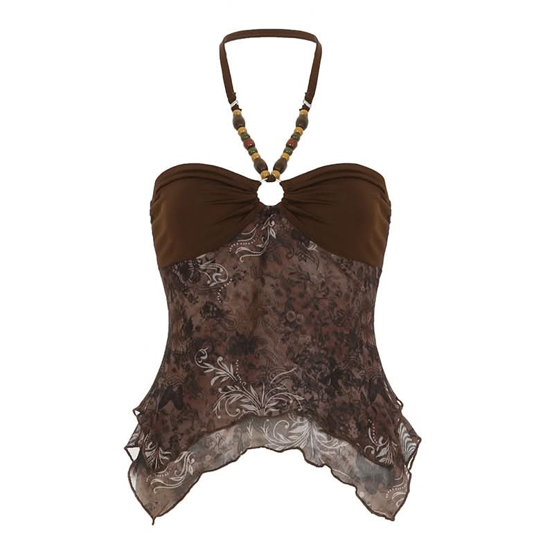 Boho Chic Beaded Halter Mesh Top | Y2K Paisley Print for Fall