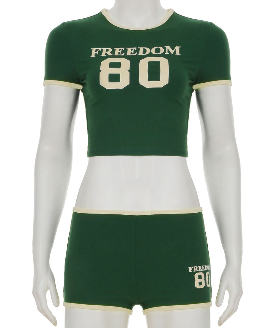 Fall Game Day Chic: Women's Retro Freedom 80 Green Crop Top & Shorts Loungewear Set