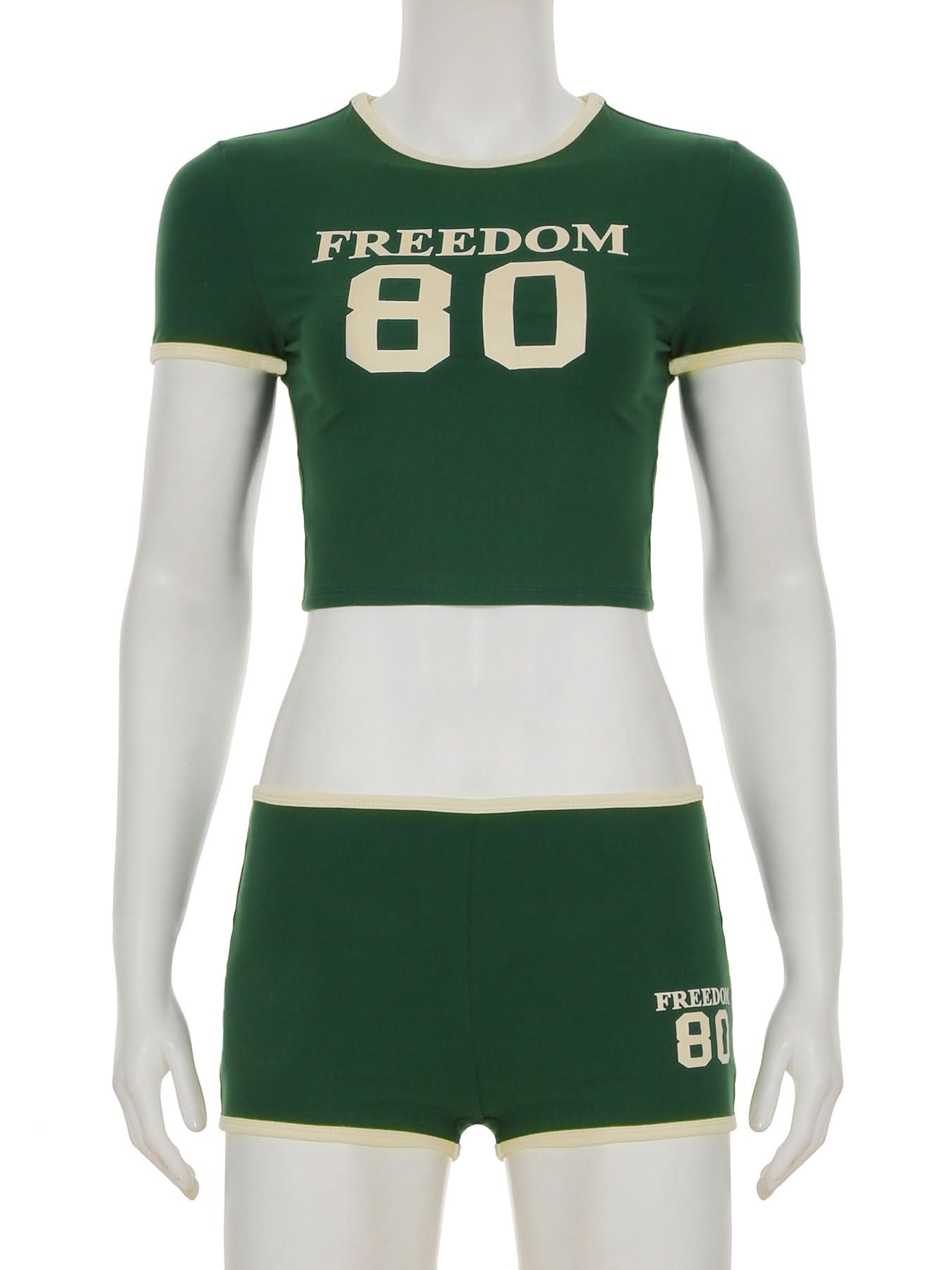 Fall Game Day Chic: Women's Retro Freedom 80 Green Crop Top & Shorts Loungewear Set