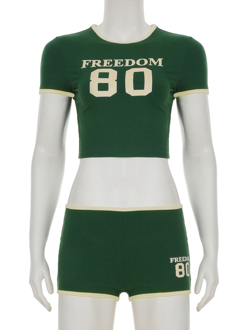 Fall Game Day Chic: Women's Retro Freedom 80 Green Crop Top & Shorts Loungewear Set