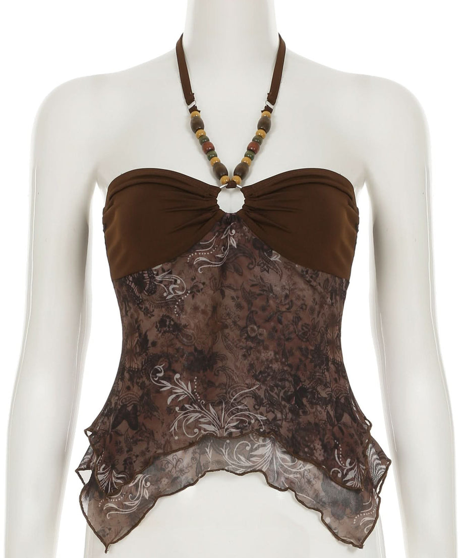 Boho Chic Beaded Halter Mesh Top | Y2K Paisley Print for Fall