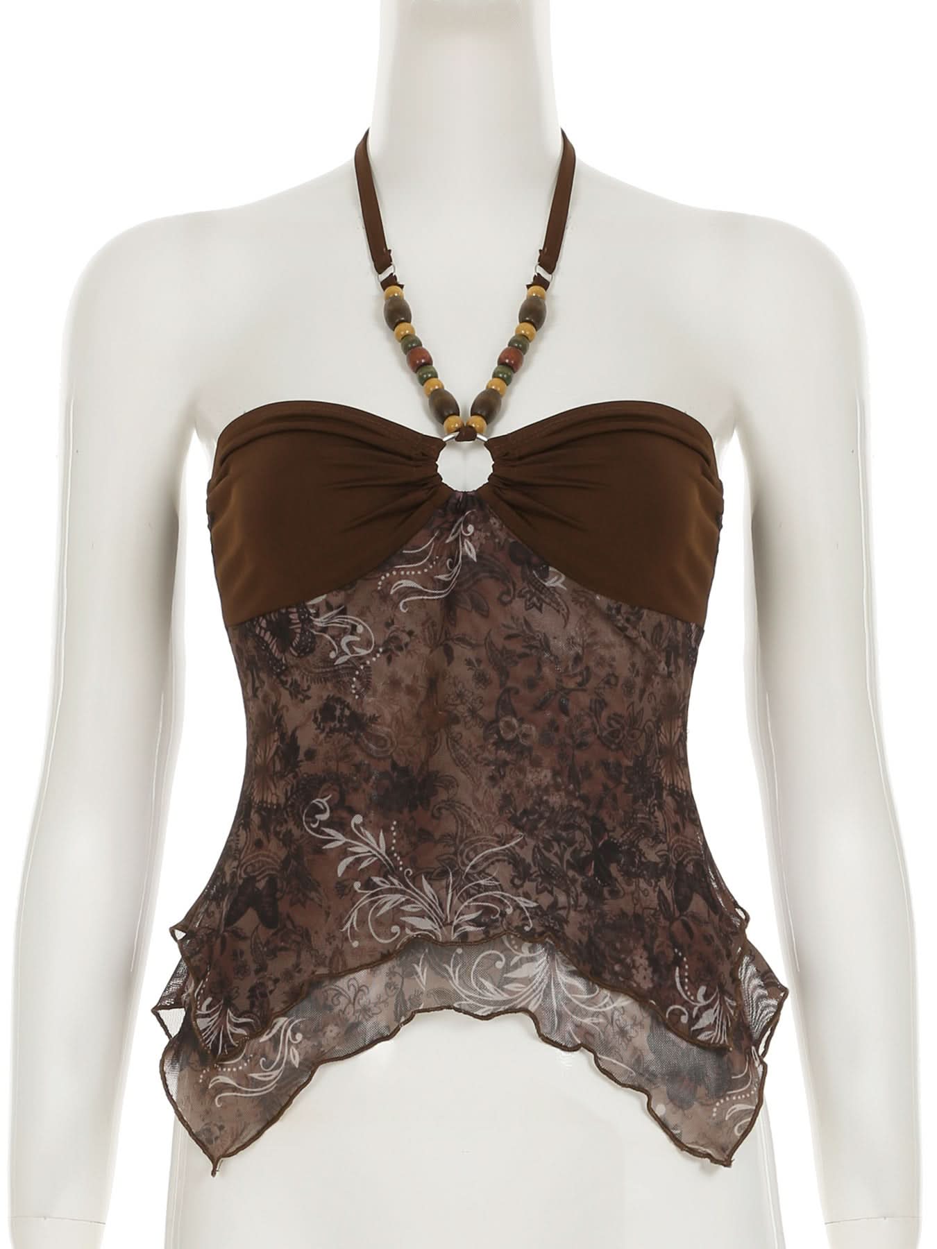 Boho Chic Beaded Halter Mesh Top | Y2K Paisley Print for Fall