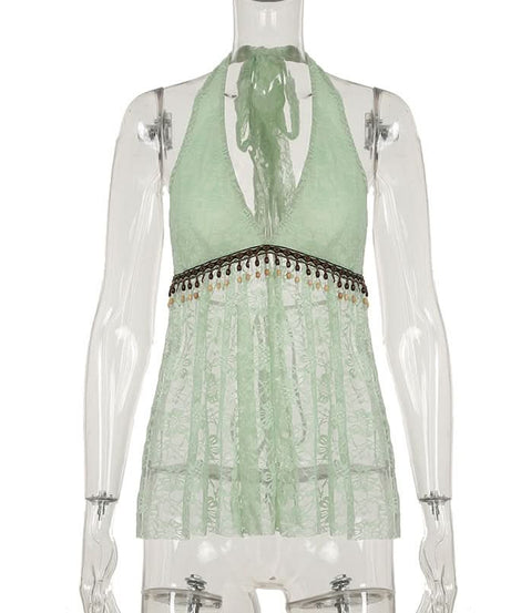 Mint Green Boho Lace Halter Top | Beaded V-Neck for Resort & Vacation Style