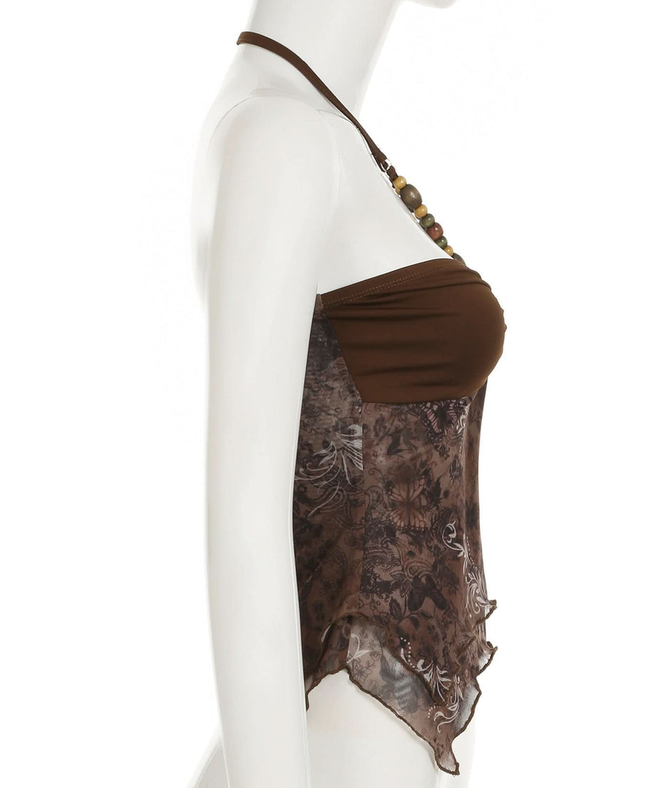 Boho Chic Beaded Halter Mesh Top | Y2K Paisley Print for Fall