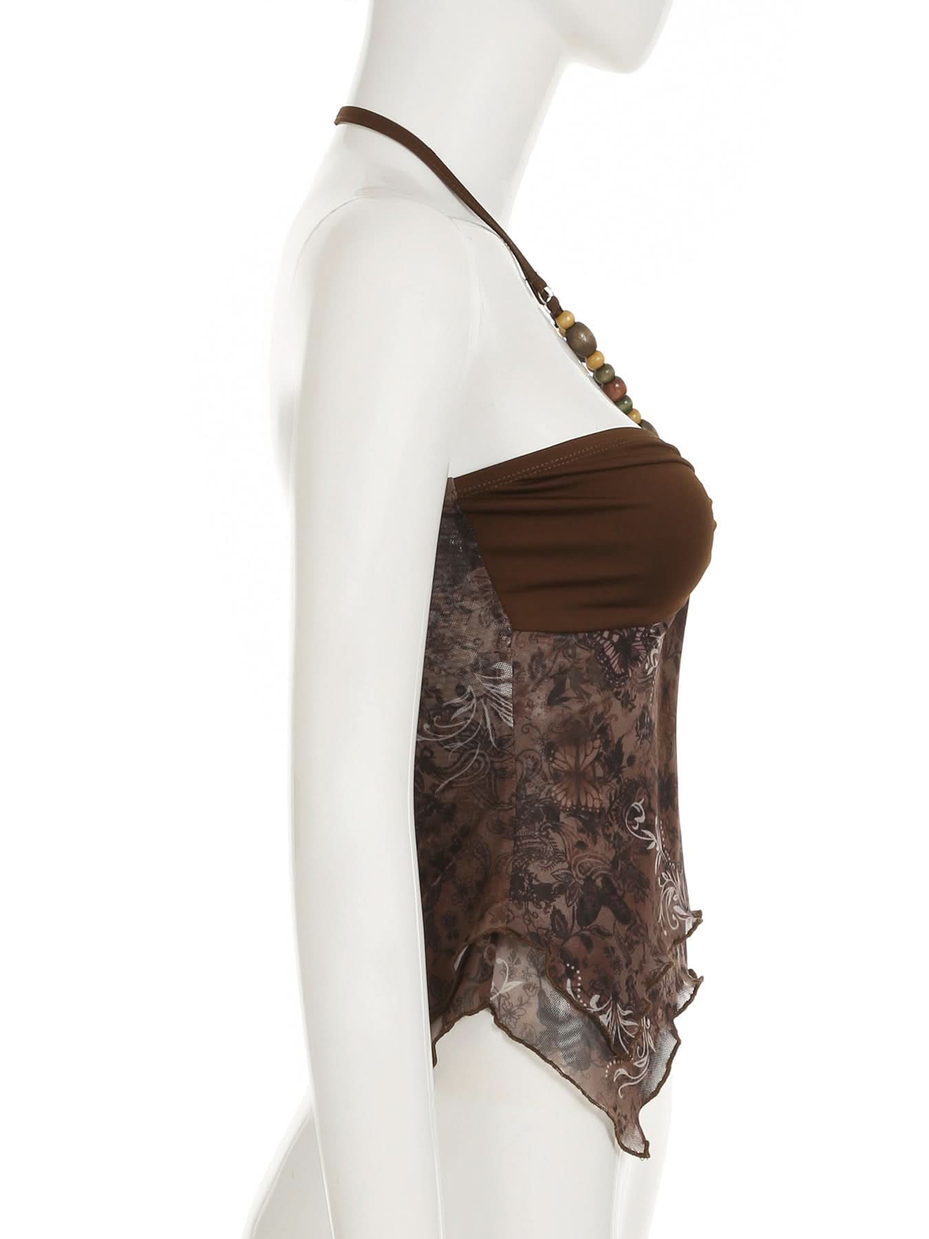 Boho Chic Beaded Halter Mesh Top | Y2K Paisley Print for Fall