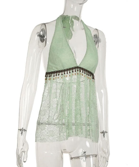 Mint Green Boho Lace Halter Top | Beaded V-Neck for Resort & Vacation Style