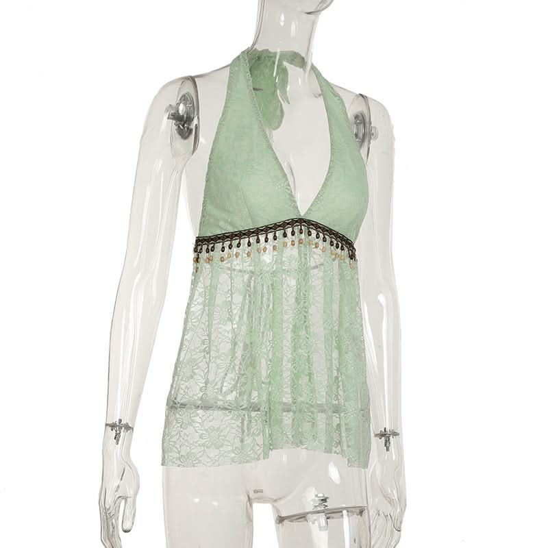 Mint Green Boho Lace Halter Top | Beaded V-Neck for Resort & Vacation Style