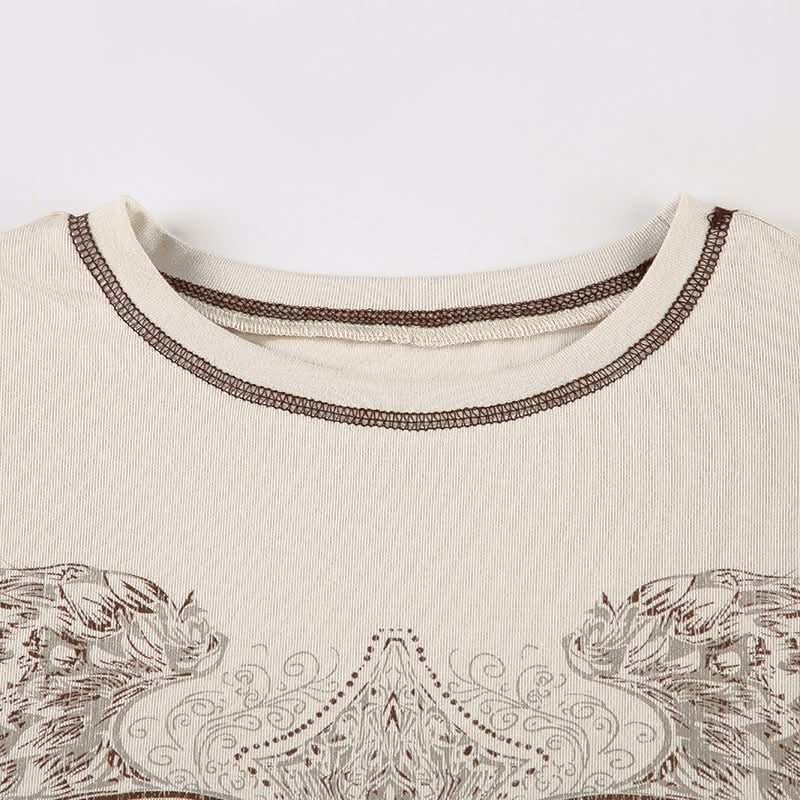 Y2K Vintage Winged Heart Graphic Tee - Contrast Stitch Fall Crop Top for Women