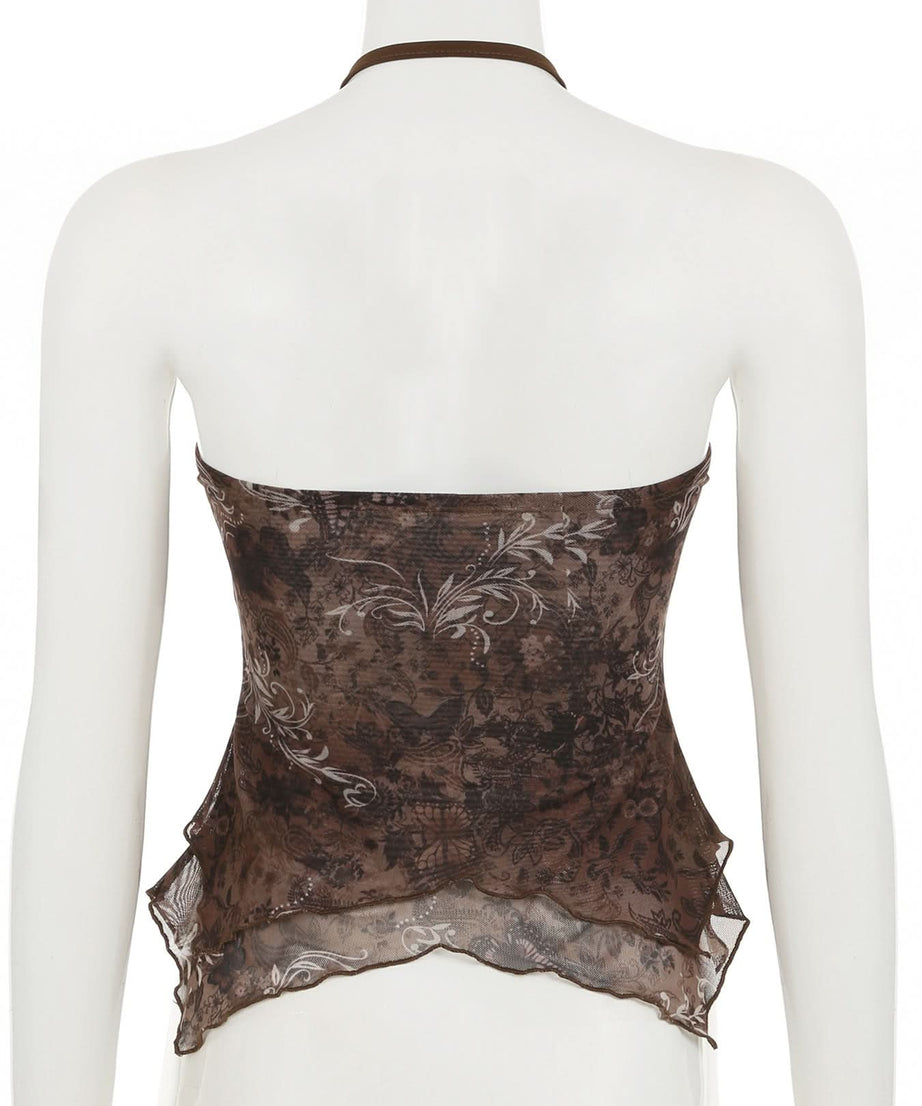 Boho Chic Beaded Halter Mesh Top | Y2K Paisley Print for Fall