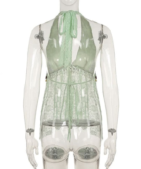 Mint Green Boho Lace Halter Top | Beaded V-Neck for Resort & Vacation Style