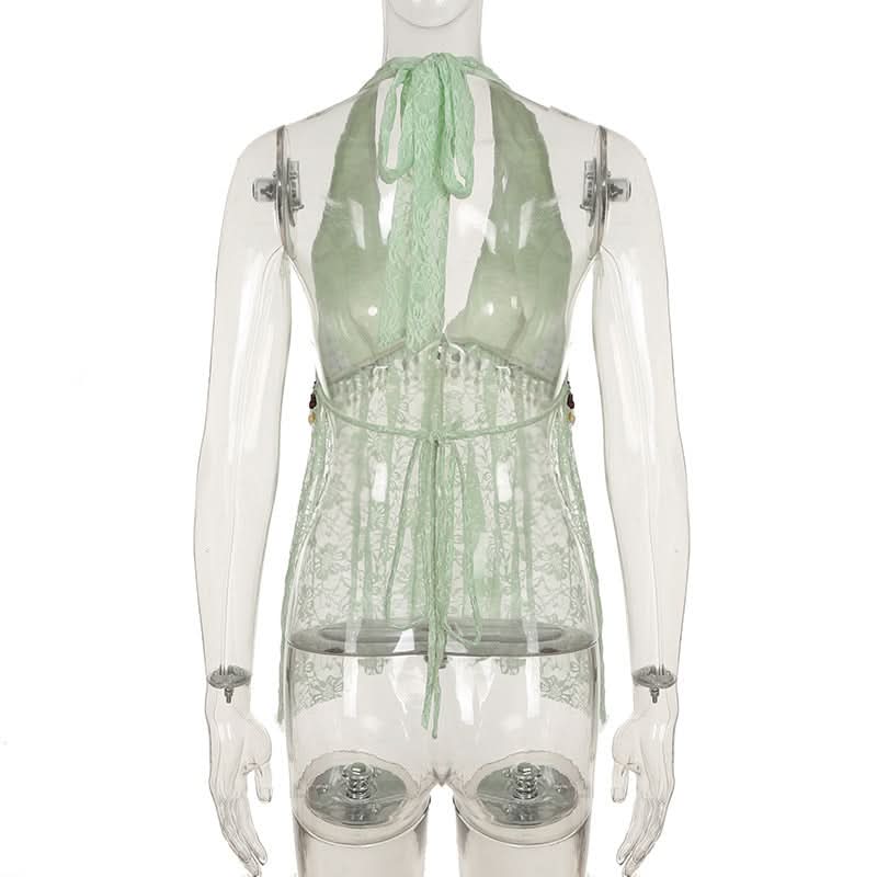 Mint Green Boho Lace Halter Top | Beaded V-Neck for Resort & Vacation Style