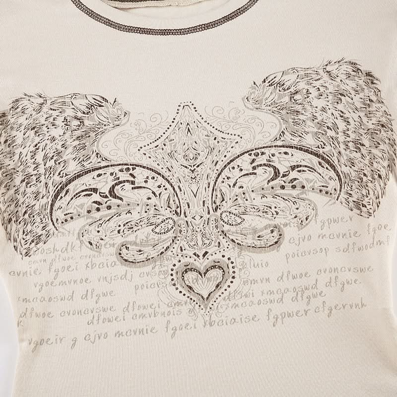 Y2K Vintage Winged Heart Graphic Tee - Contrast Stitch Fall Crop Top for Women