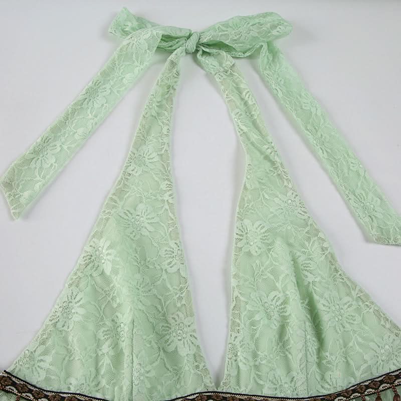 Mint Green Boho Lace Halter Top | Beaded V-Neck for Resort & Vacation Style