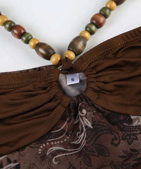 Boho Chic Beaded Halter Mesh Top | Y2K Paisley Print for Fall