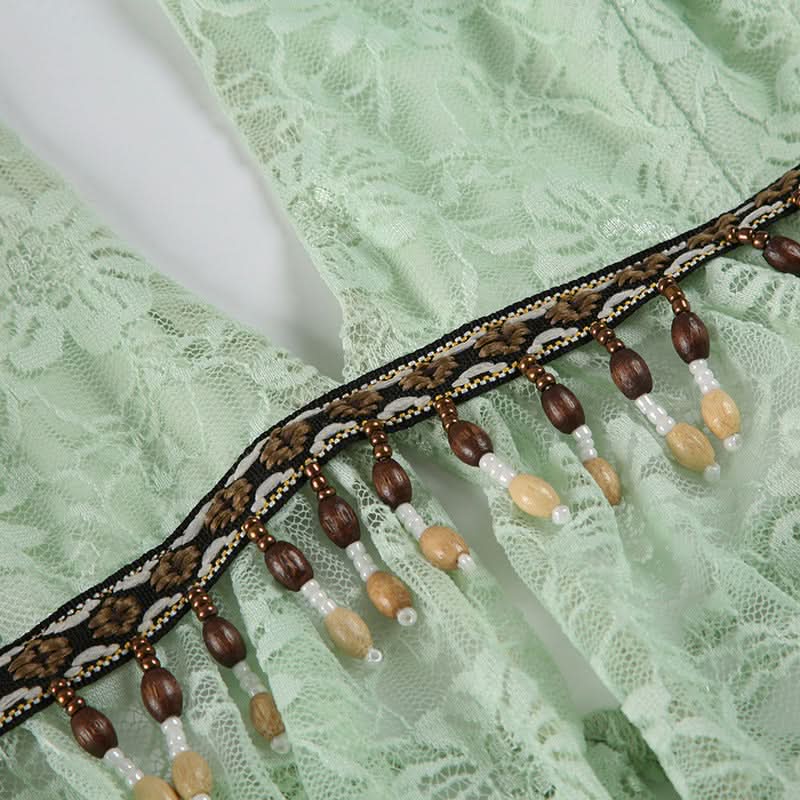 Mint Green Boho Lace Halter Top | Beaded V-Neck for Resort & Vacation Style