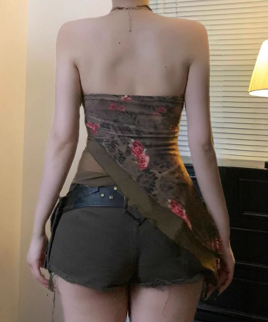 Fall Bloom Asymmetric Mesh Tube Top - Dark Floral Y2K Style