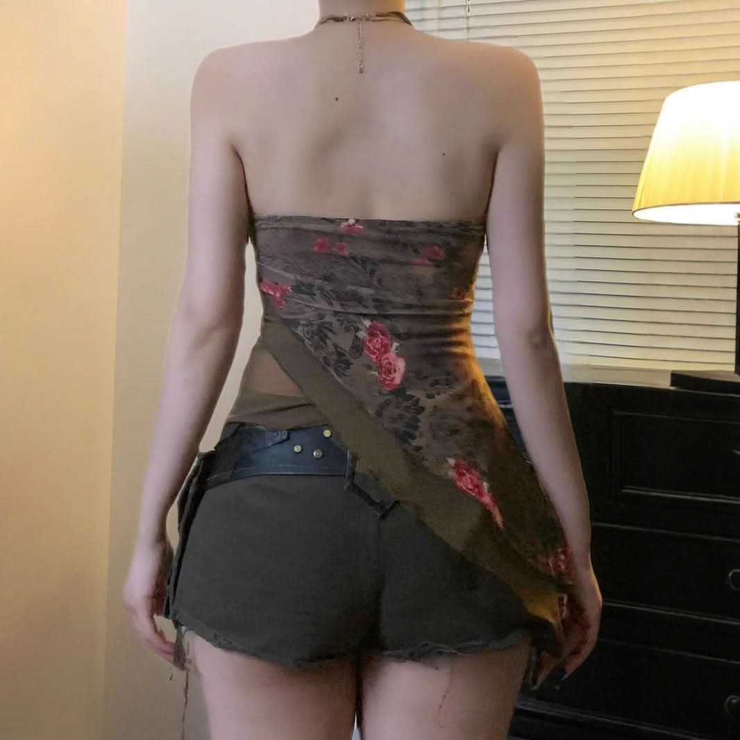Fall Bloom Asymmetric Mesh Tube Top - Dark Floral Y2K Style