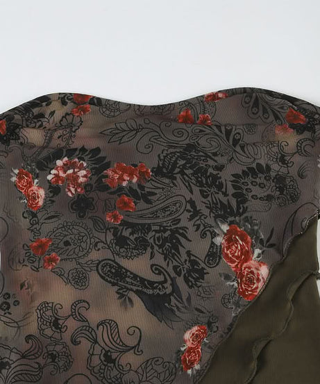 Fall Bloom Asymmetric Mesh Tube Top - Dark Floral Y2K Style