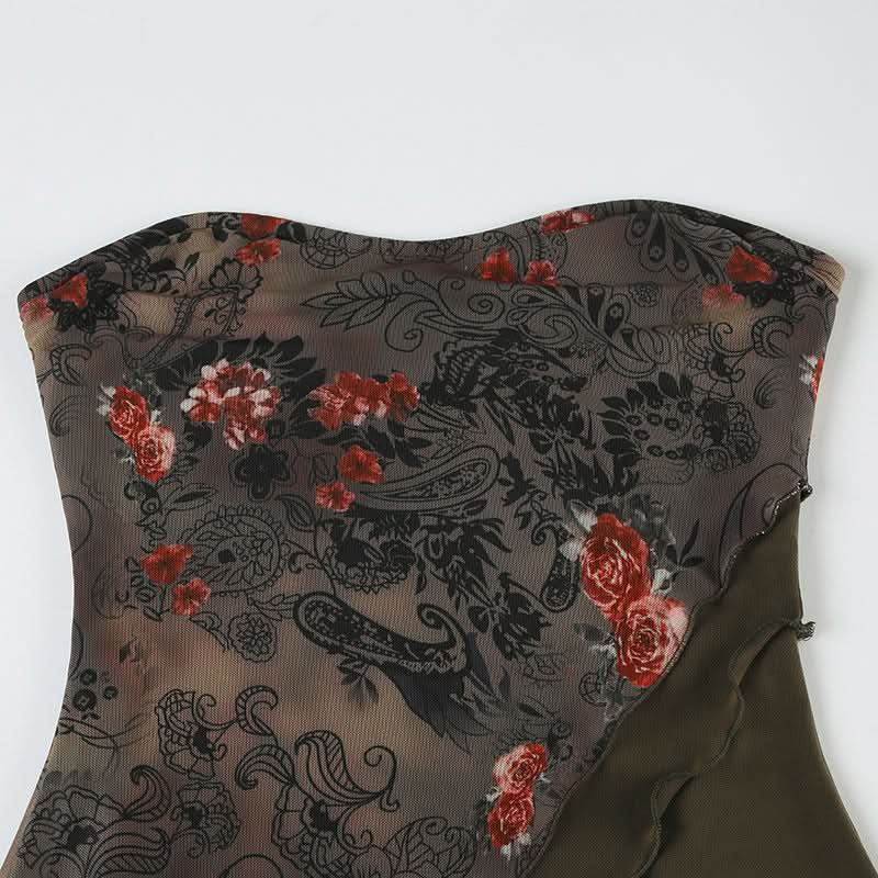 Fall Bloom Asymmetric Mesh Tube Top - Dark Floral Y2K Style