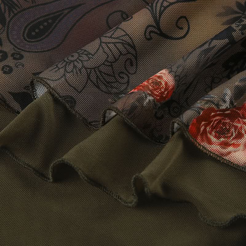 Fall Bloom Asymmetric Mesh Tube Top - Dark Floral Y2K Style