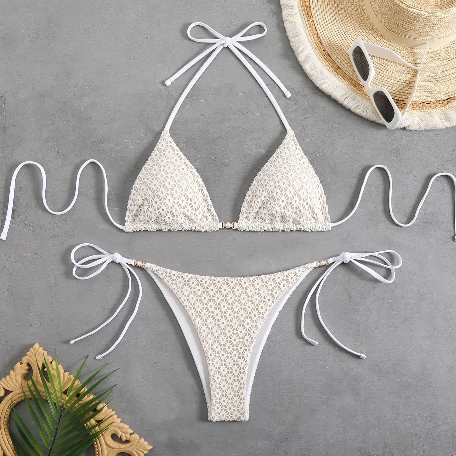 Chic White Lace-Inspired Halter Bikini Set - Your Essential for Tropical Vacations & Resort Escapes