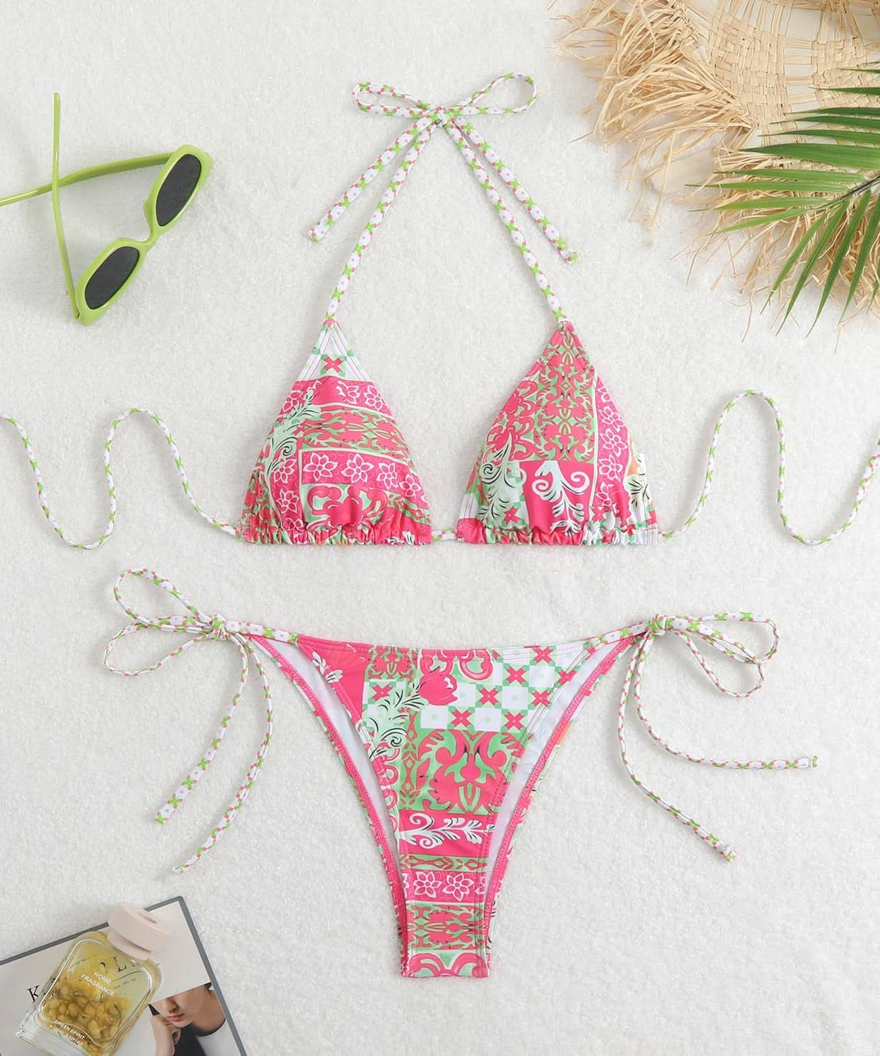 Flattering Bohemian Pink & Green Halter Bikini Set – Your Chic Resort & Vacation Essential