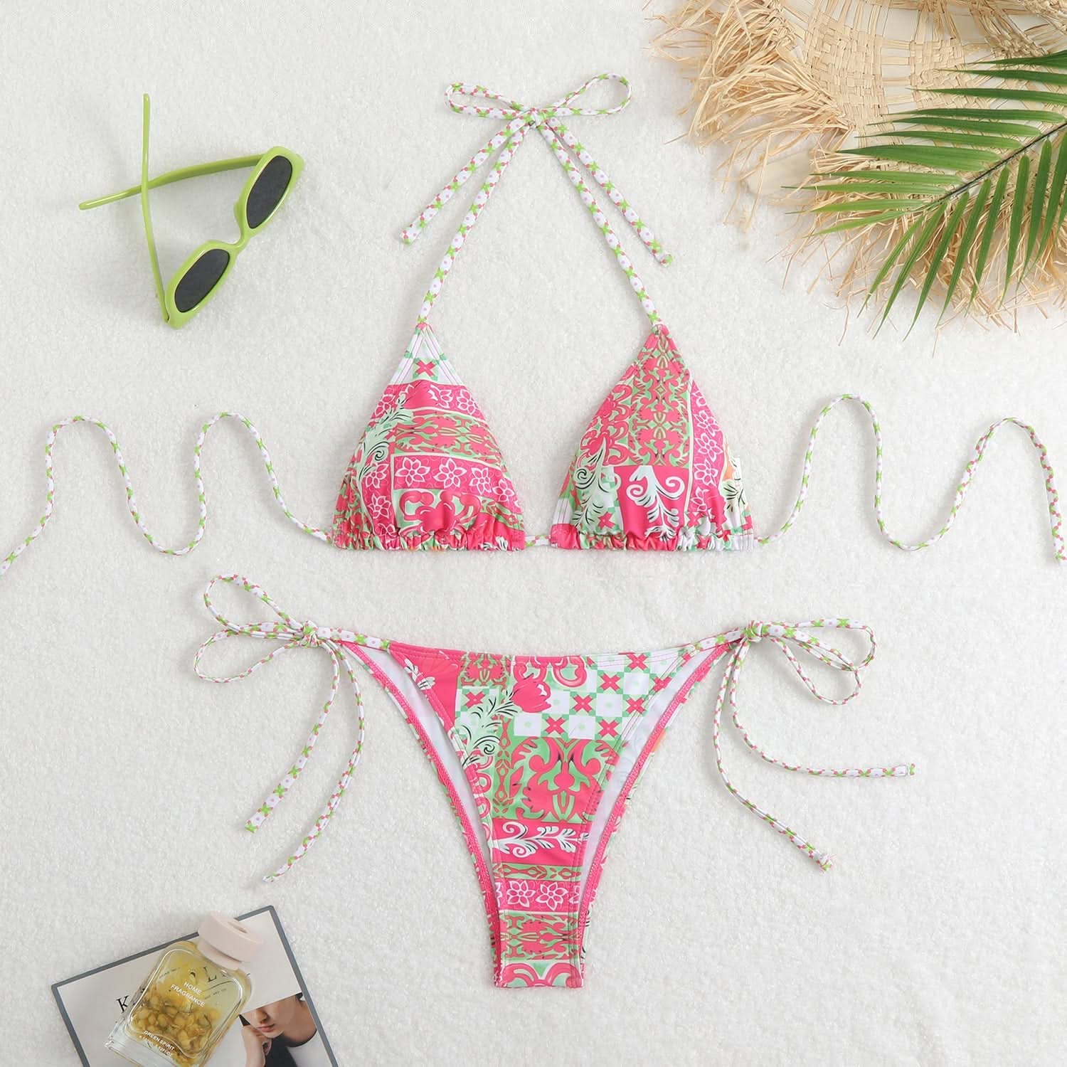 Flattering Bohemian Pink & Green Halter Bikini Set – Your Chic Resort & Vacation Essential