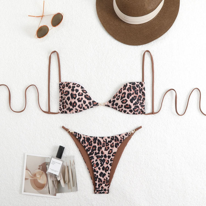 Fierce Leopard V-Neck Self-Tie Bikini Set - Your Must-Have for Fall & Winter Escapes