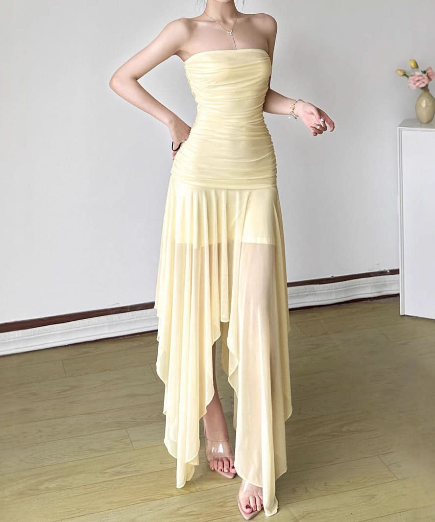 Aphrodite Ruched Backless Maxi Dress | Strapless High Slit Gown for Holiday & Resort