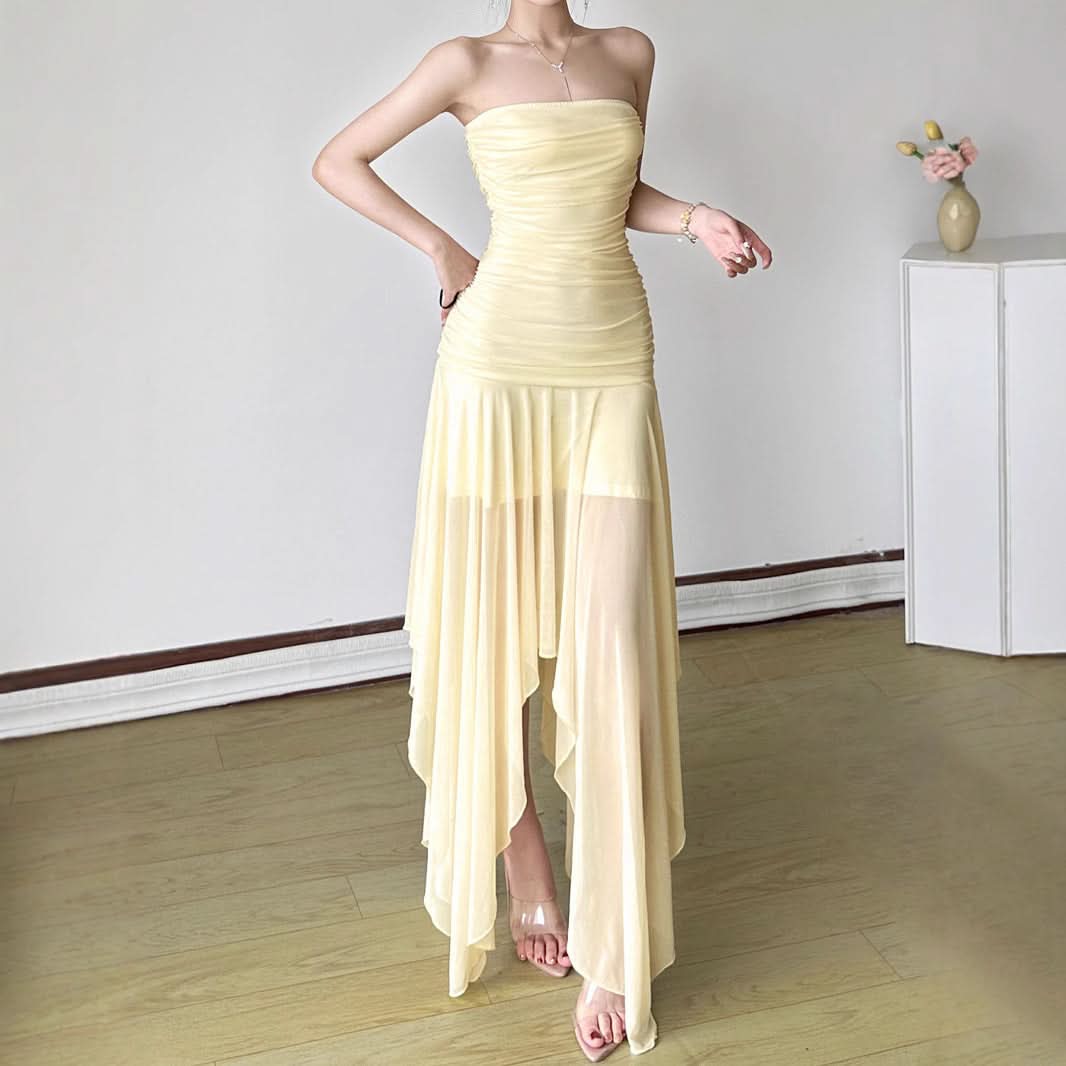 Aphrodite Ruched Backless Maxi Dress | Strapless High Slit Gown for Holiday & Resort