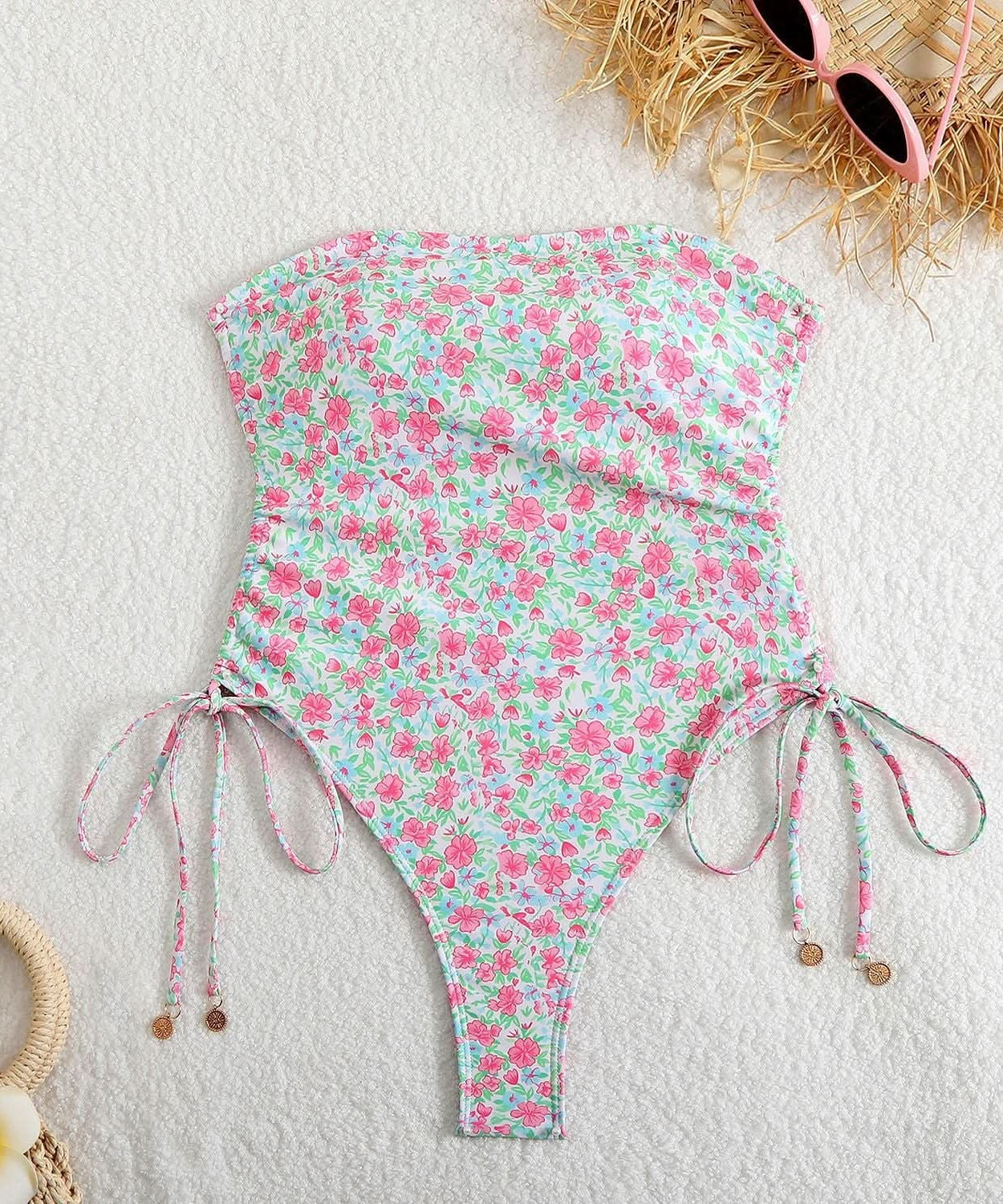 Dreaming of Sun? Chic Floral Strapless One-Piece Swimsuit with Adjustable Tie Sides - Your Perfect Winter Getaway Essential!