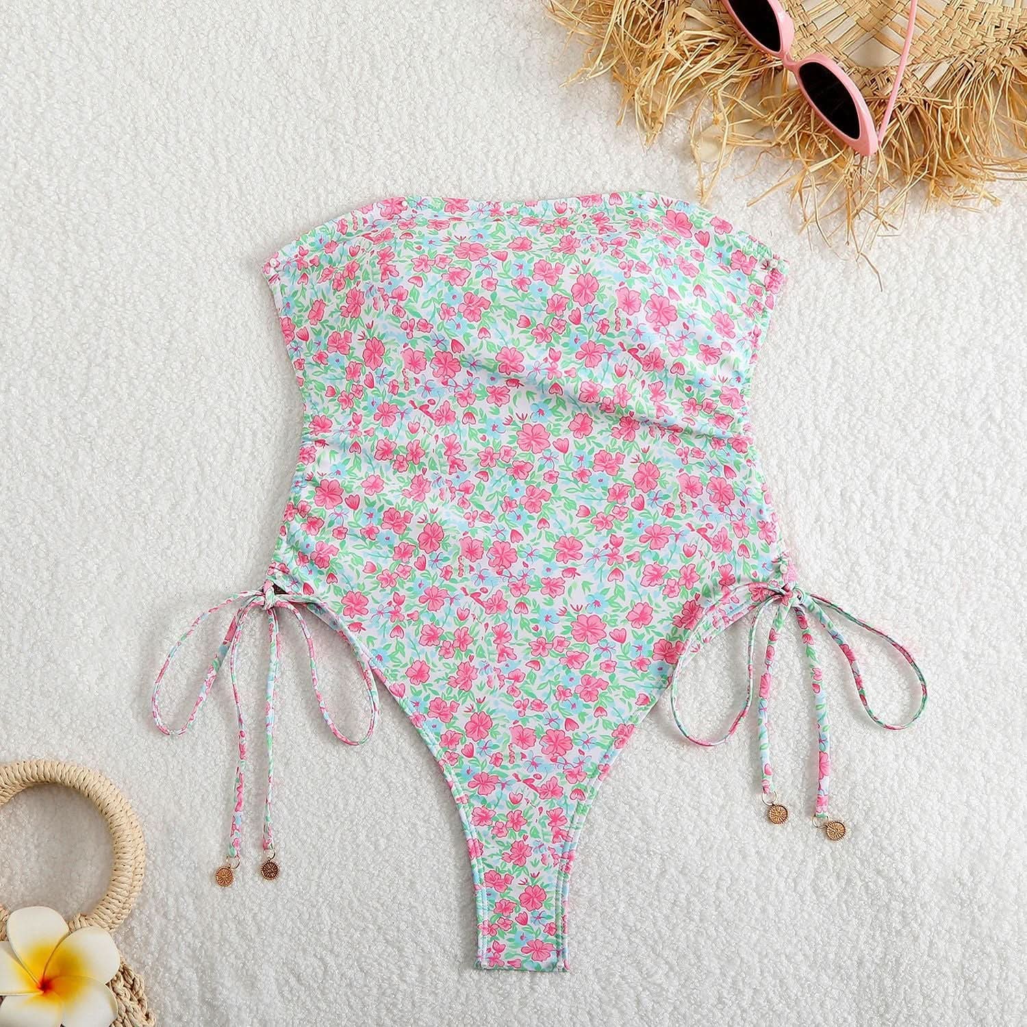 Dreaming of Sun? Chic Floral Strapless One-Piece Swimsuit with Adjustable Tie Sides - Your Perfect Winter Getaway Essential!