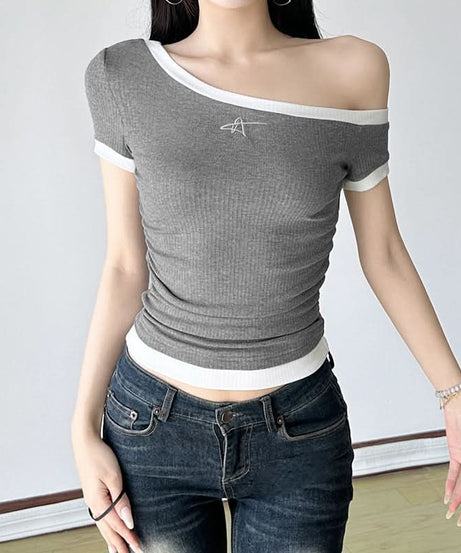 Effortless Chic Ribbed One-Shoulder Top for Fall | Asymmetric Short Sleeve Knit
