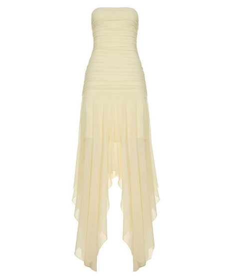 Aphrodite Ruched Backless Maxi Dress | Strapless High Slit Gown for Holiday & Resort